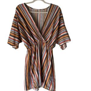 Hummingbird‎ Dress Womens Medium Multi Stripe Short Sleeve V Neck Boho Summer